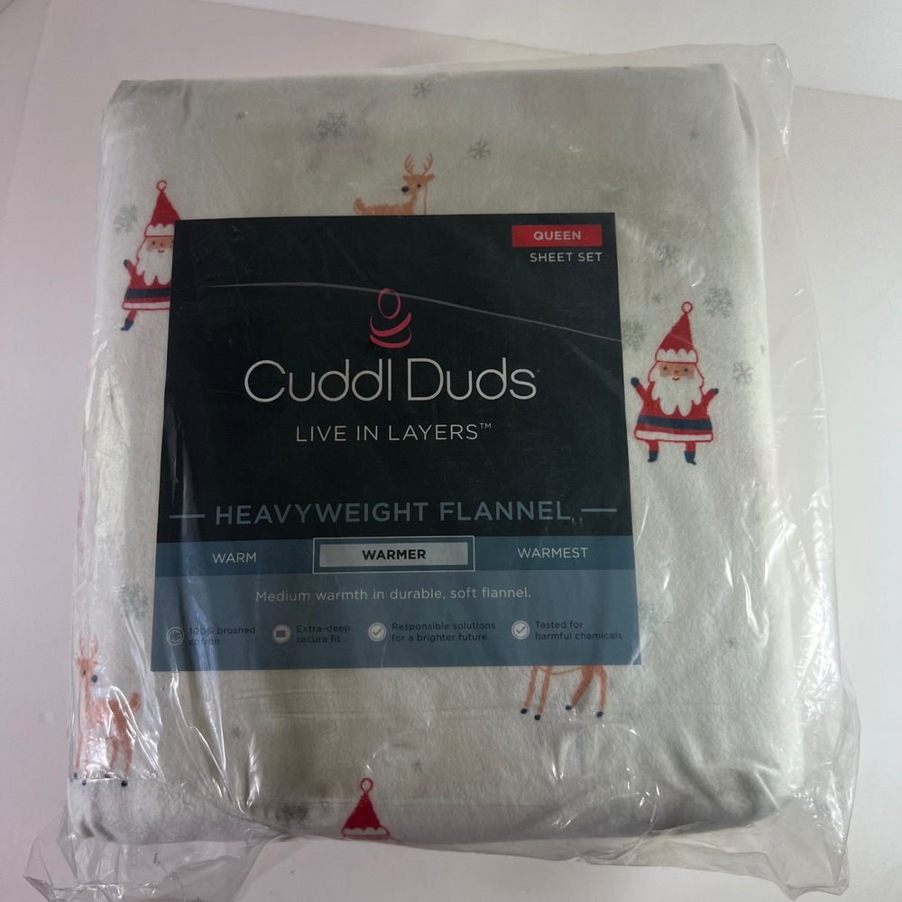 Cuddl Duds Heavyweight Flannel Queen Sheet Set BrushedCotton‎ Santa Reindeer NIP